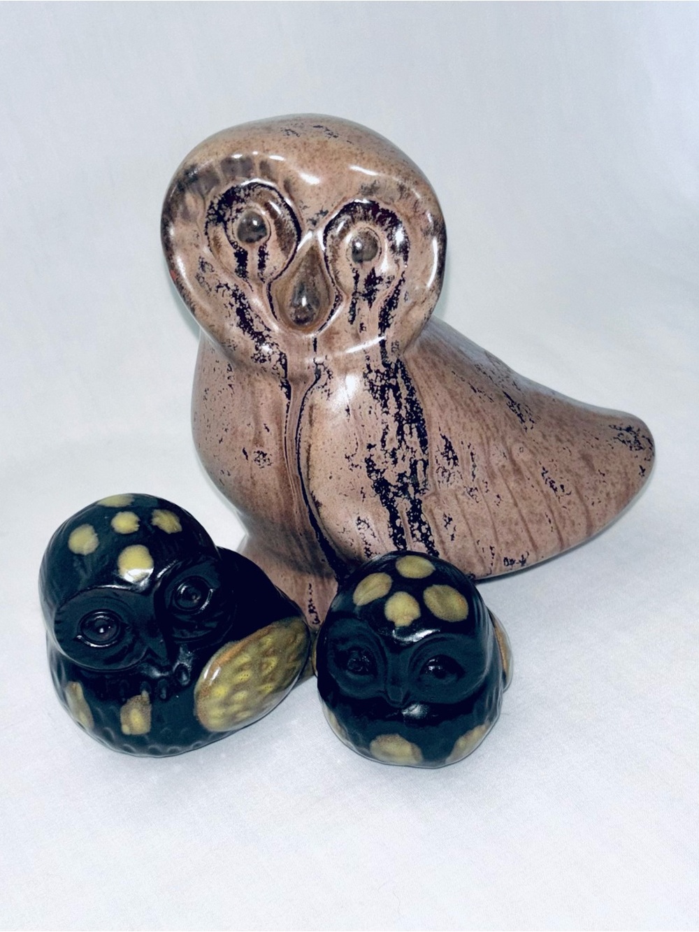 Vintage Blue Mountain Pottery Mocha Drip Glaze Owl BMP Plus 2 Otagiri Owls